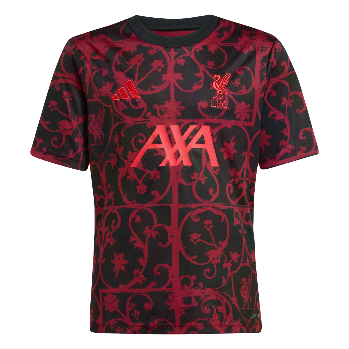 Adidas Liverpool FC training jersey in black with an ornate red scrollwork pattern, featuring red team and brand logos and a central AXA sponsor.