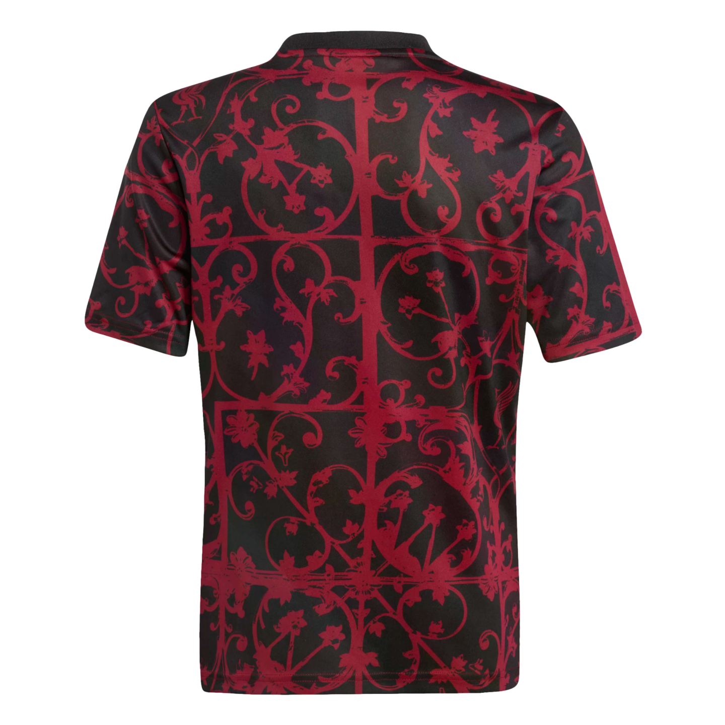 Back view of a black short-sleeved t-shirt featuring a dark red, ornate scrollwork pattern in a grid layout, set against a solid black background.