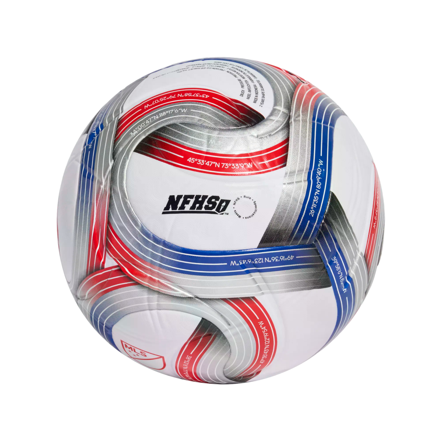 White soccer ball with silver, red, and blue curved stripes, featuring NFHS and MLS logos and geographic coordinates printed along the patterns.