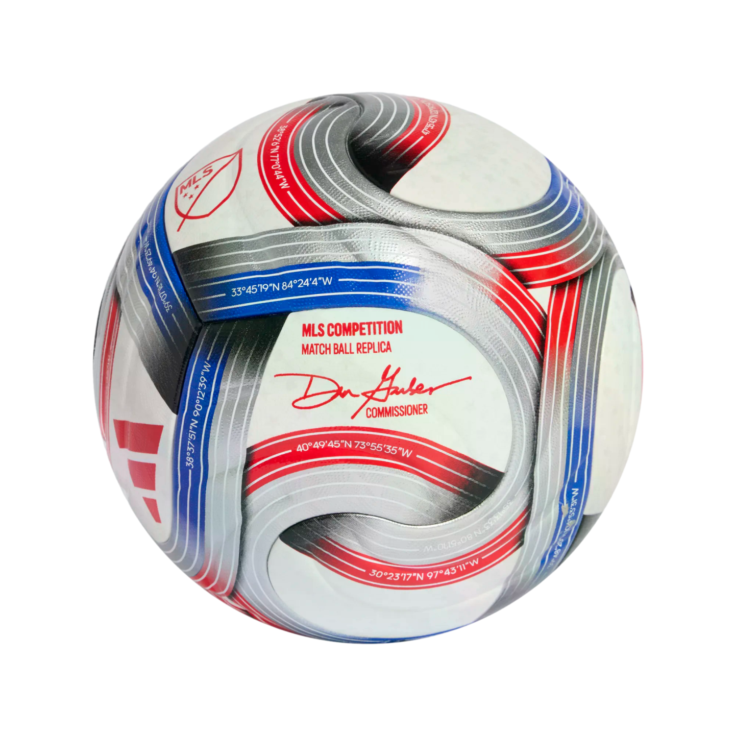 Adidas MLS soccer ball replica with red, blue, and silver curved patterns, the MLS logo, and commissioner Don Garber's signature.