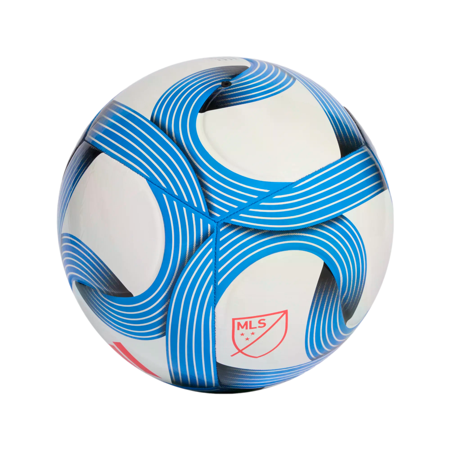 White soccer ball with curved blue striped patterns and a red MLS logo, set against a black background.