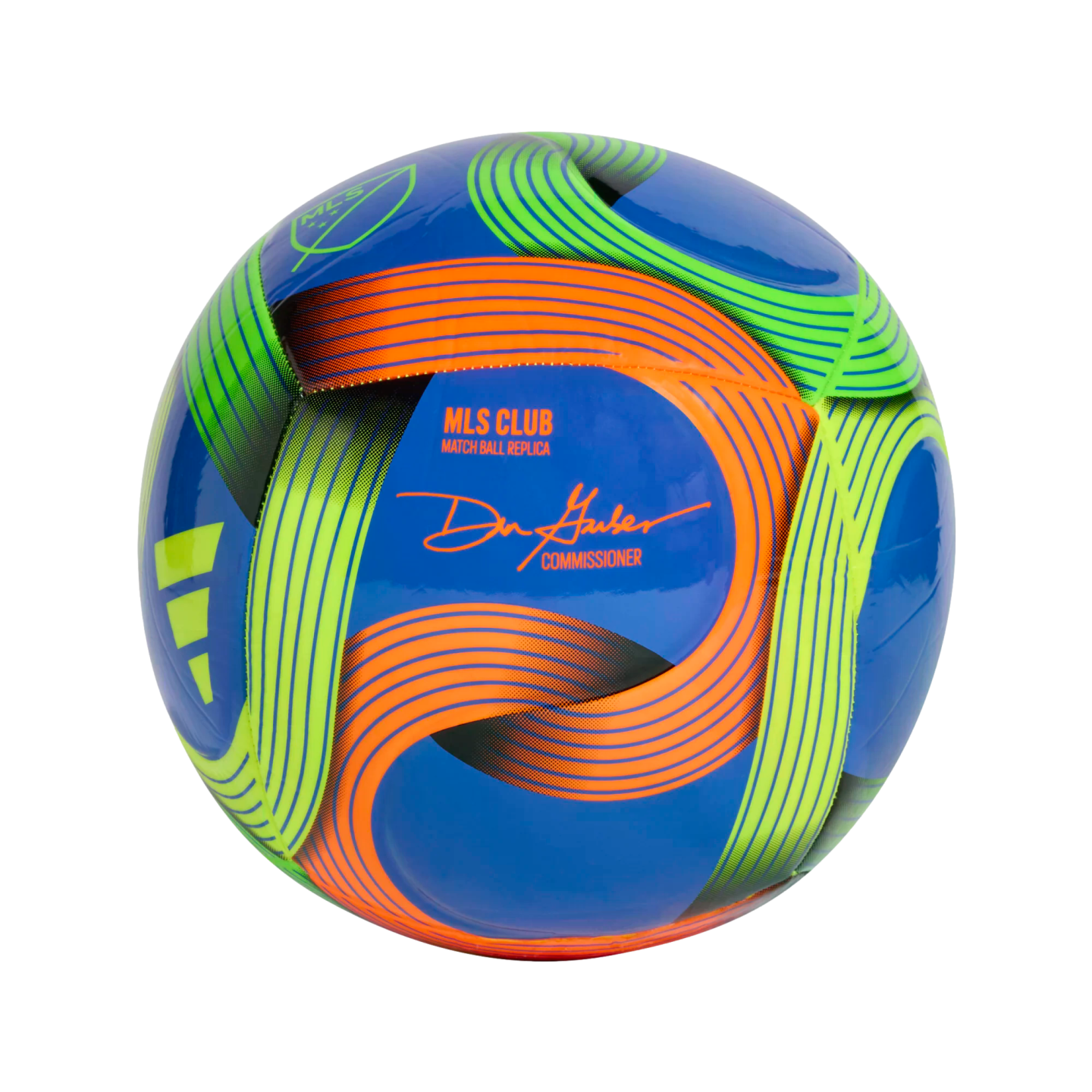 Blue soccer ball with neon green and orange curved graphics, featuring MLS branding and Commissioner Don Garber's signature.