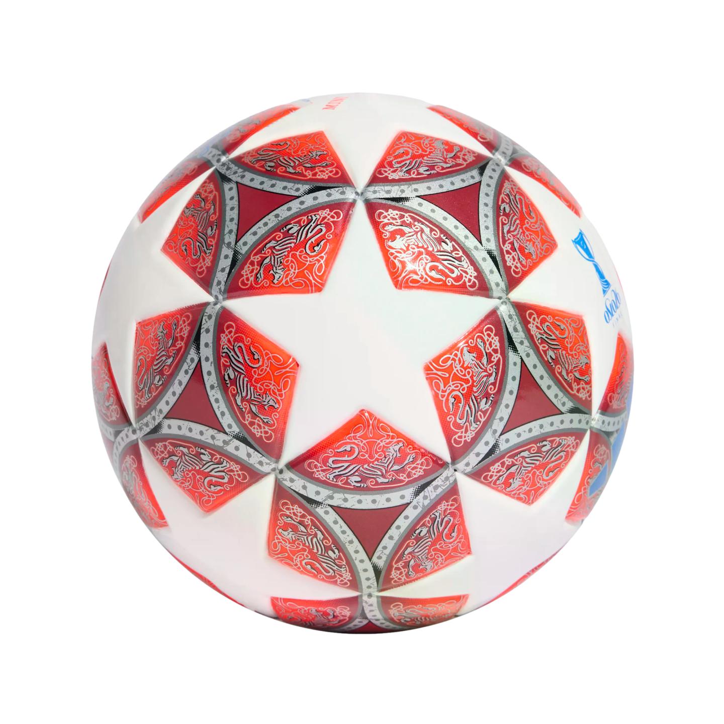 Soccer ball with white and red star panels decorated with intricate silver lion patterns, centered on a black background.