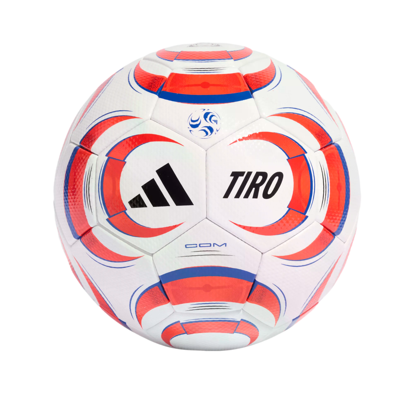 A white Adidas Tiro soccer ball featuring orange-red and blue graphic accents, centered against a solid black background.