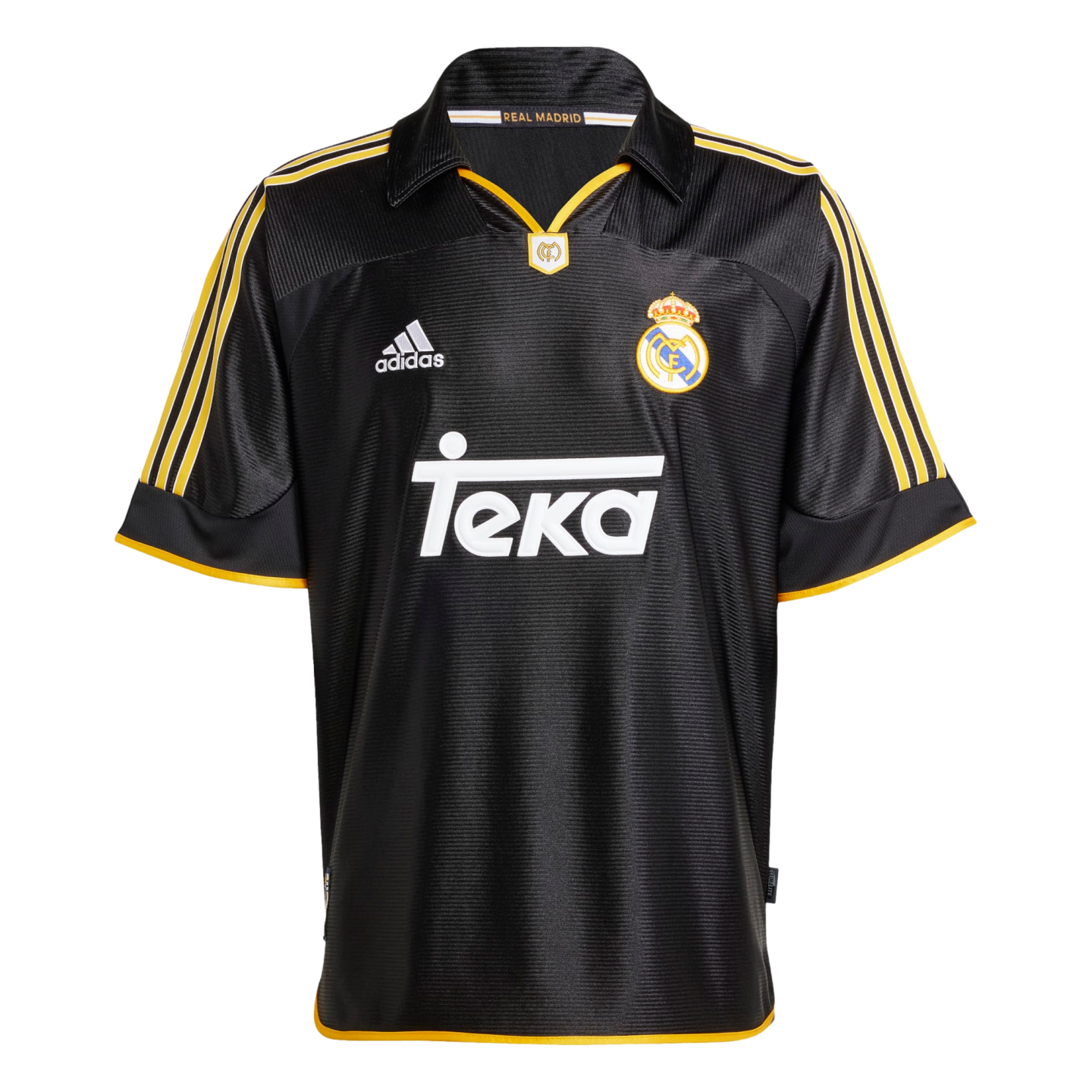 A black Adidas Real Madrid away soccer jersey with yellow accents. It features the club crest on the left chest, a white Adidas logo on the right, and a large white "Teka" sponsor logo across the center. The jersey has a polo-style collar with yellow trim