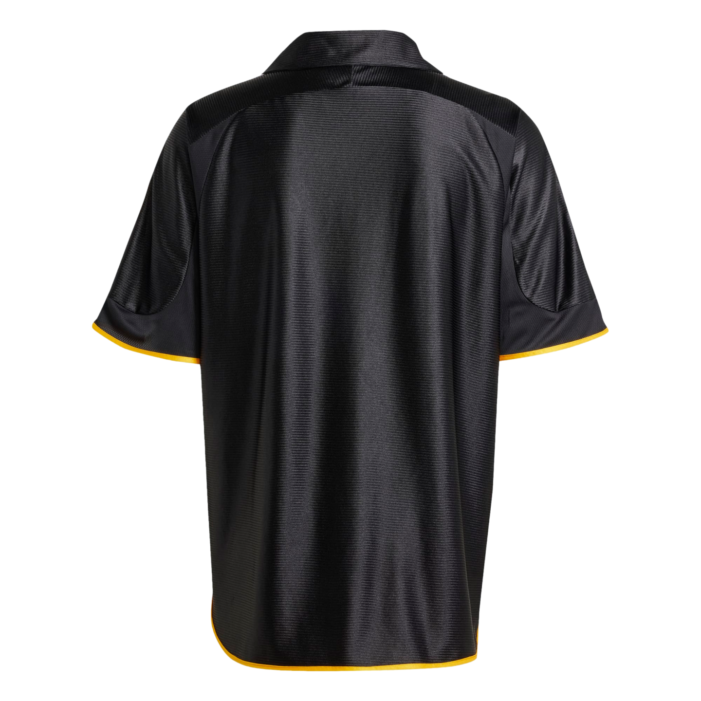 A rear view of a black short-sleeved athletic jersey with thin yellow trim along the sleeve cuffs and curved bottom hem. The fabric has a subtle, shiny ribbed texture, and the jersey is shown against a solid black background.