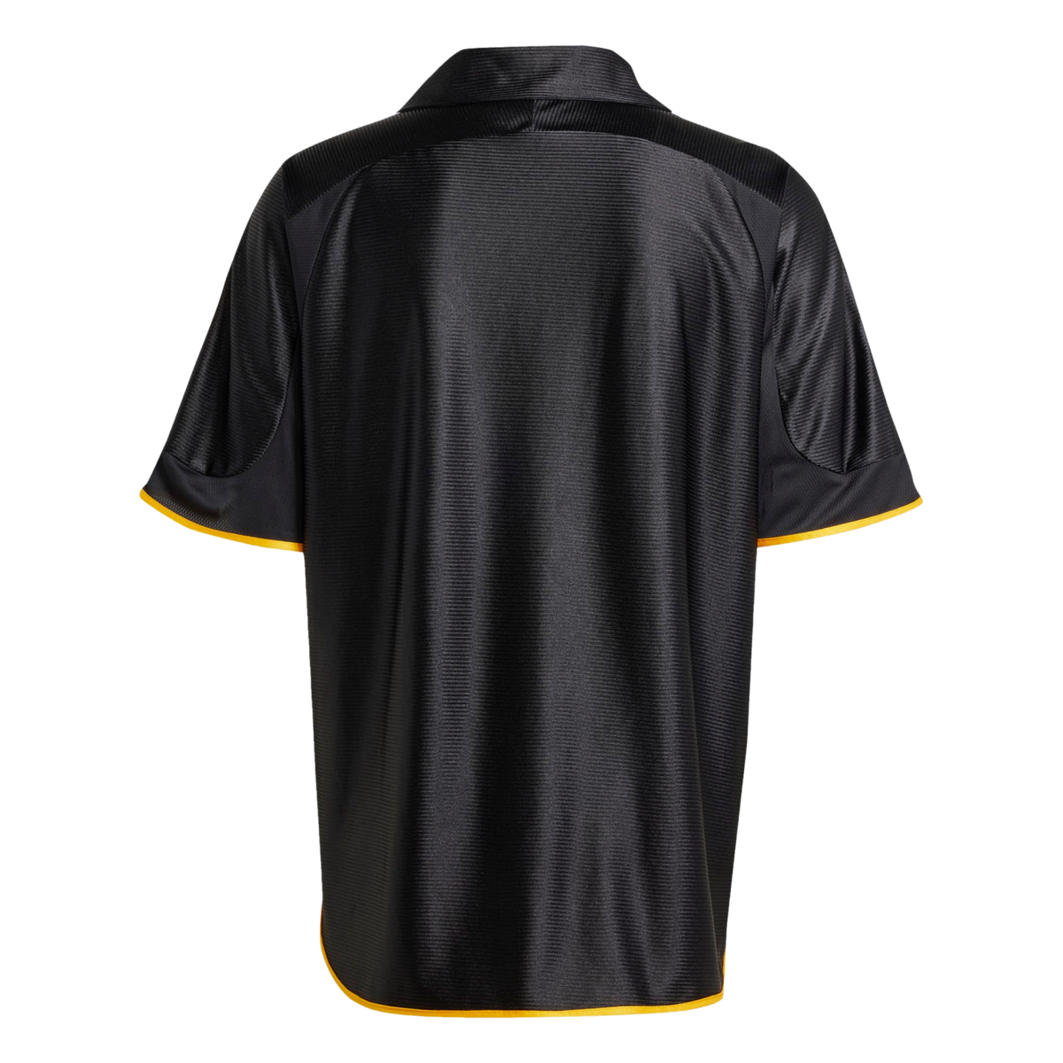 A rear view of a black short-sleeved athletic jersey with thin yellow trim along the sleeve cuffs and curved bottom hem. The fabric has a subtle, shiny ribbed texture, and the jersey is shown against a solid black background.
