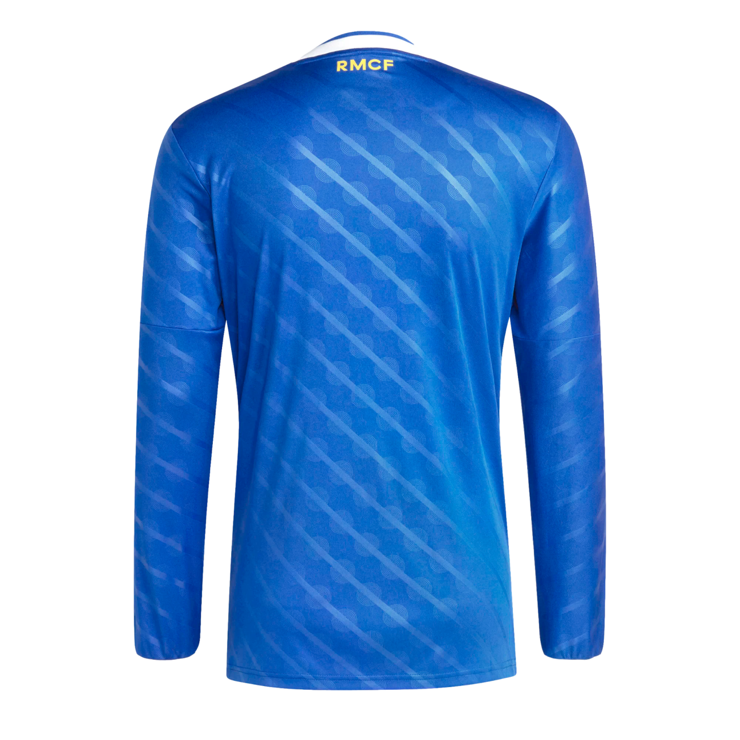 Rear view of a royal blue long-sleeved jersey with subtle diagonal stripes and "RMCF" printed in yellow on the back neck.