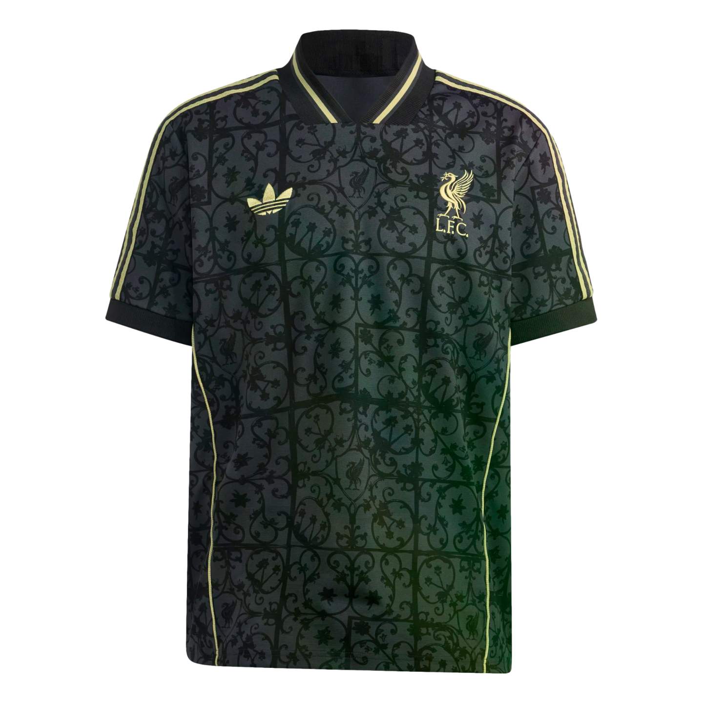 A black Liverpool FC Adidas football jersey with an ornate damask-style pattern, gold club crest, Adidas logo, and side stripes.