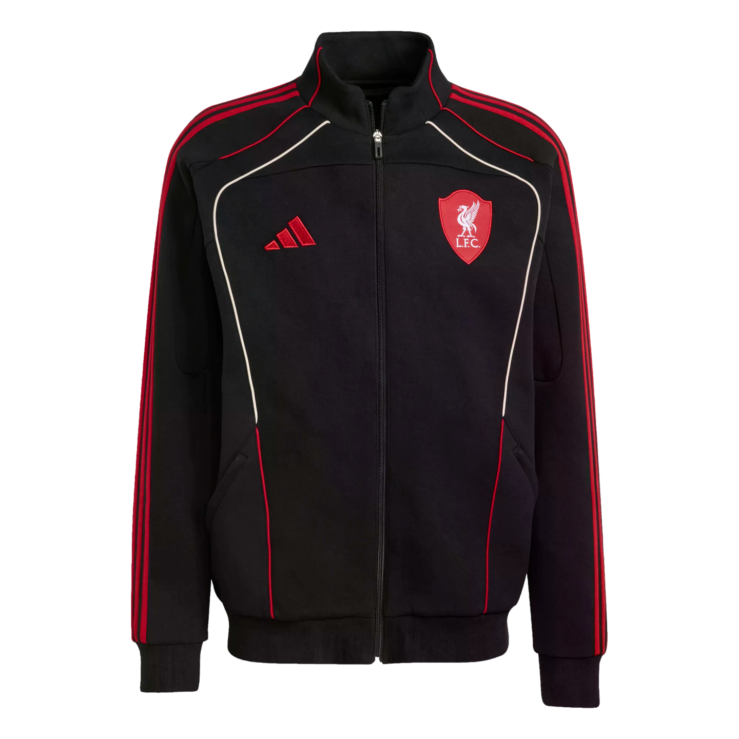 Black Adidas track jacket featuring a red Liverpool FC crest, red sleeve stripes, and white and red piping accents on the front.