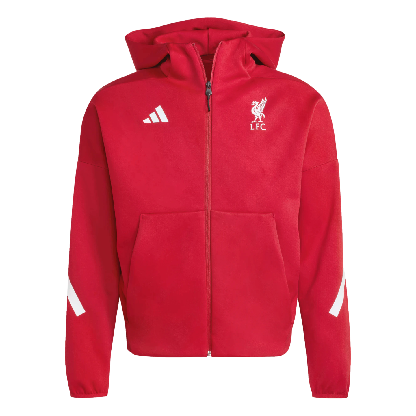 A red full-zip Adidas hoodie featuring a white Liverpool FC crest and logo on the chest, with white diagonal stripes on the lower sleeves.