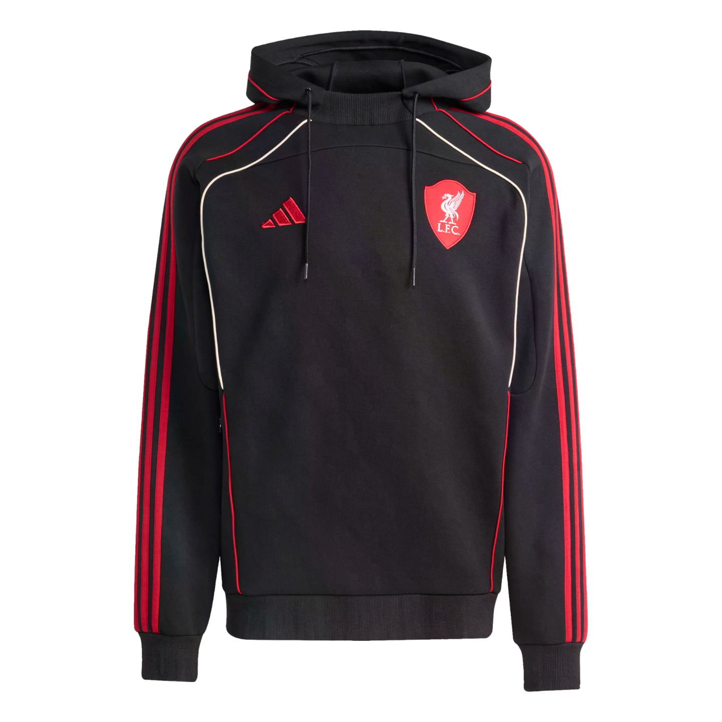 Black Adidas Liverpool F.C. hoodie featuring red three-stripes on sleeves, a red club crest and logo on the chest, and white and red piping details.
