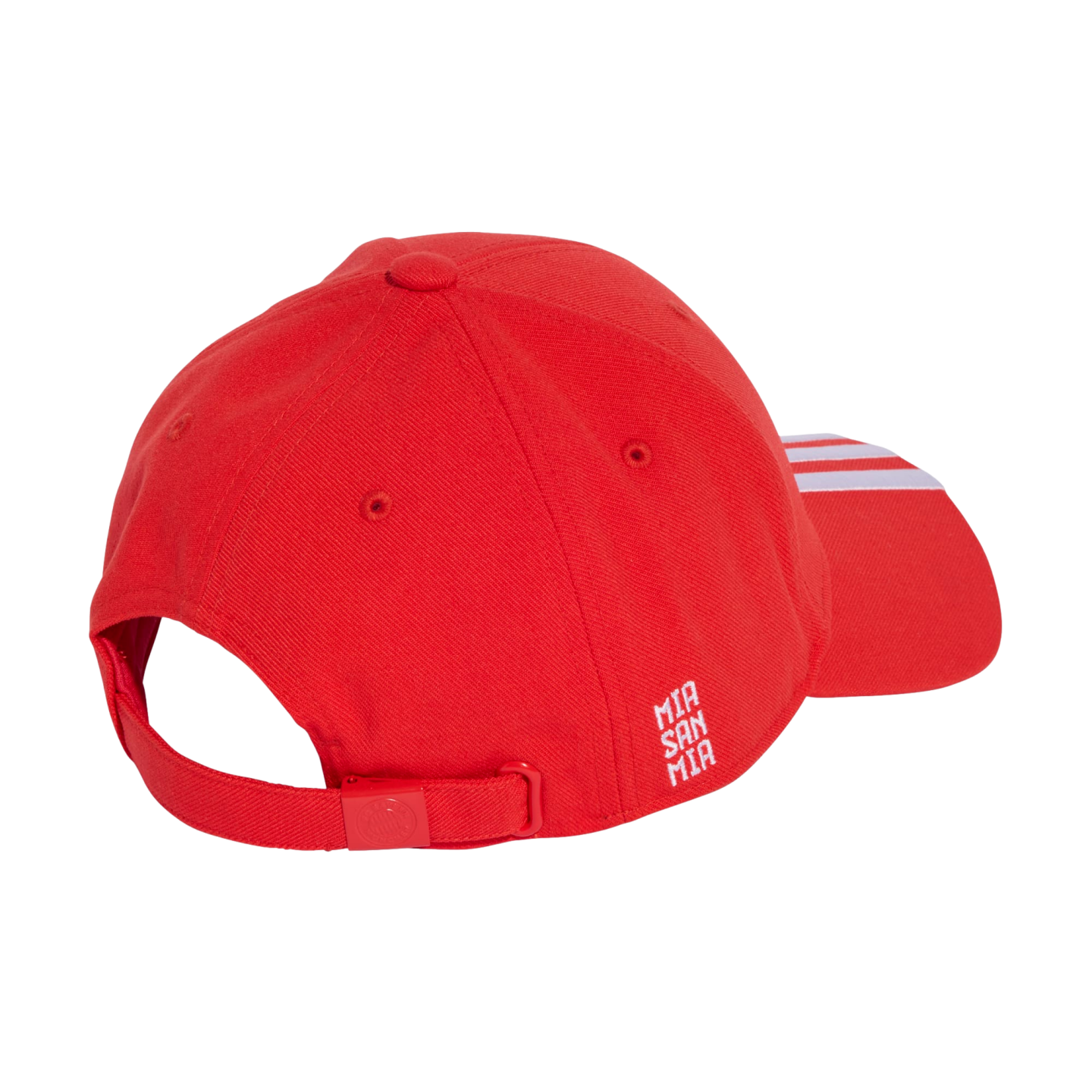 Back-right view of a red baseball cap with "MIA SAN MIA" embroidered in white on the side. Features white stripes on the brim and an adjustable strap at the back.