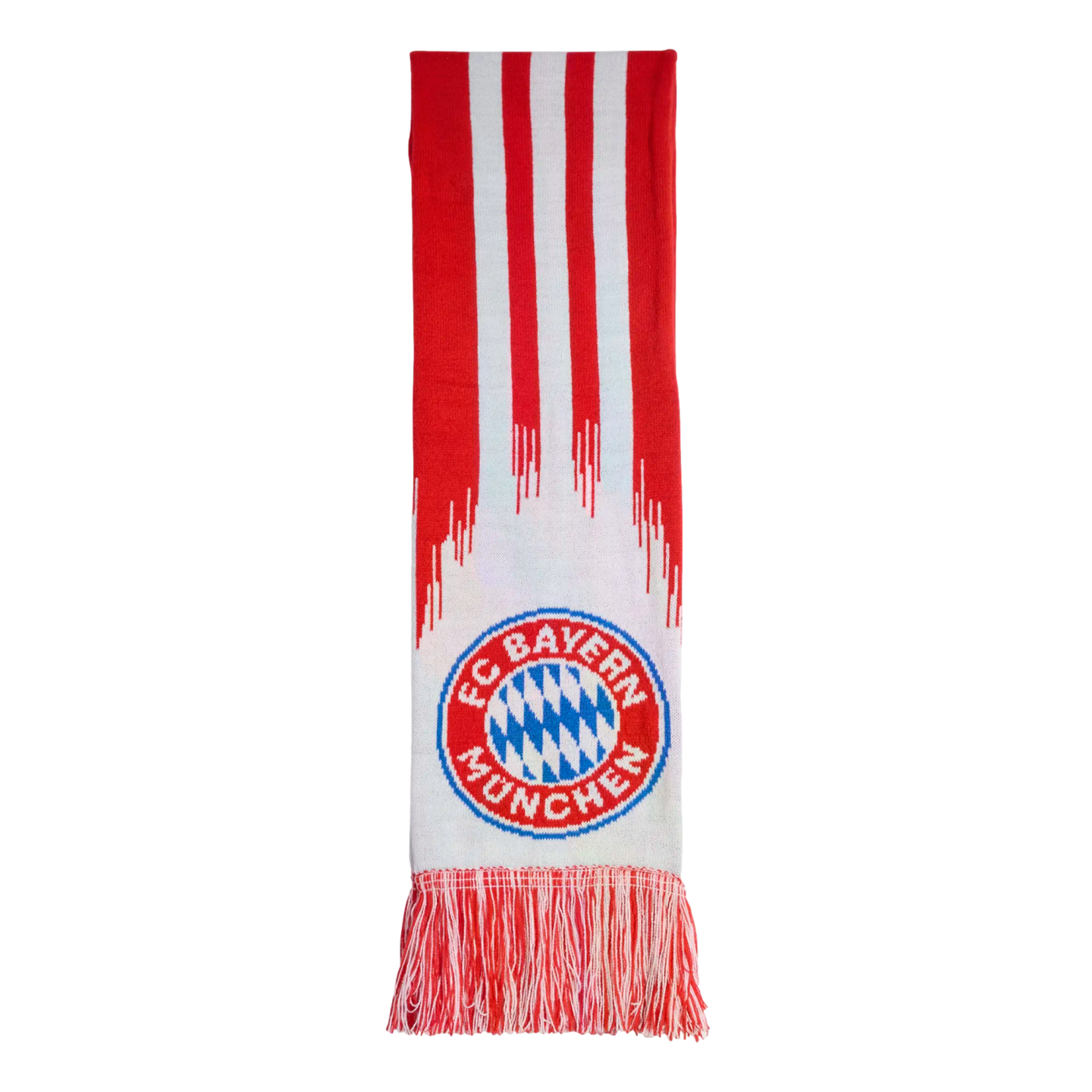 Red and white FC Bayern München knit scarf featuring vertical stripes, the club crest, and a fringed hem.