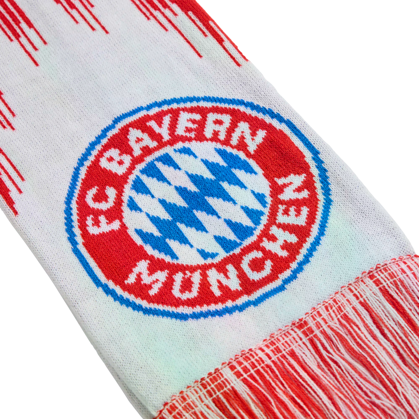Close-up of a white FC Bayern Munich scarf featuring the team's logo and red and white fringe.