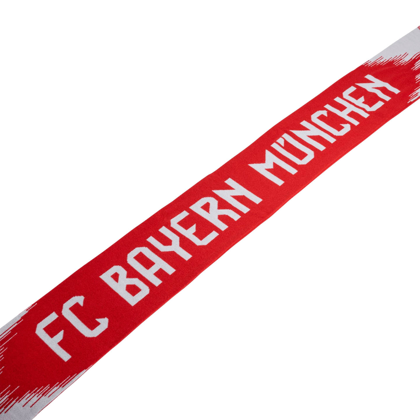 A red and white scarf with the words "FC BAYERN MÜNCHEN" knitted in white capital letters.