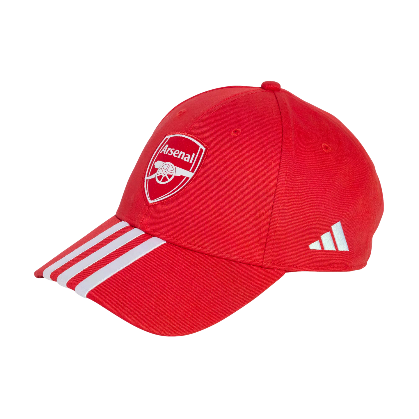 Red Arsenal FC baseball cap with white Adidas stripes on the brim and an Adidas logo on the side.
