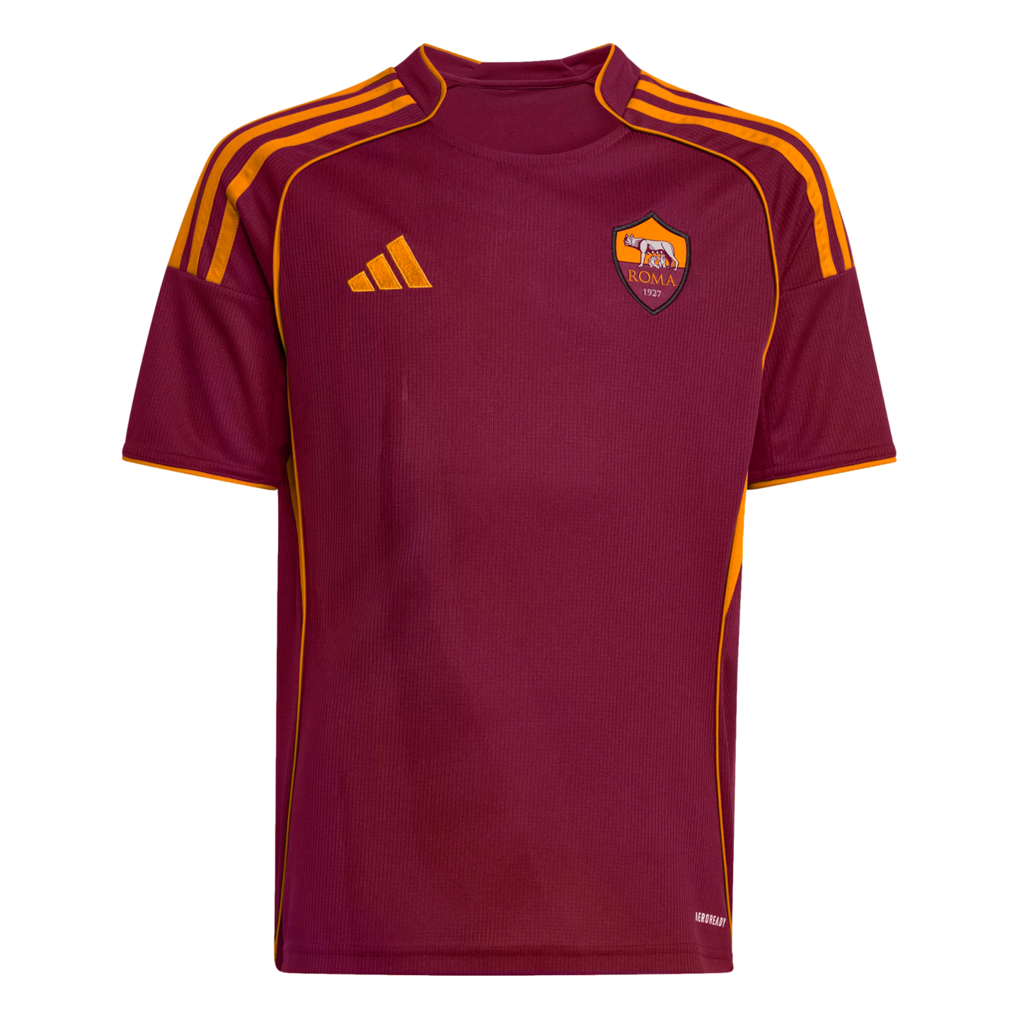 Maroon AS Roma football jersey with orange trim, the Adidas logo on the right chest, and the club crest on the left.