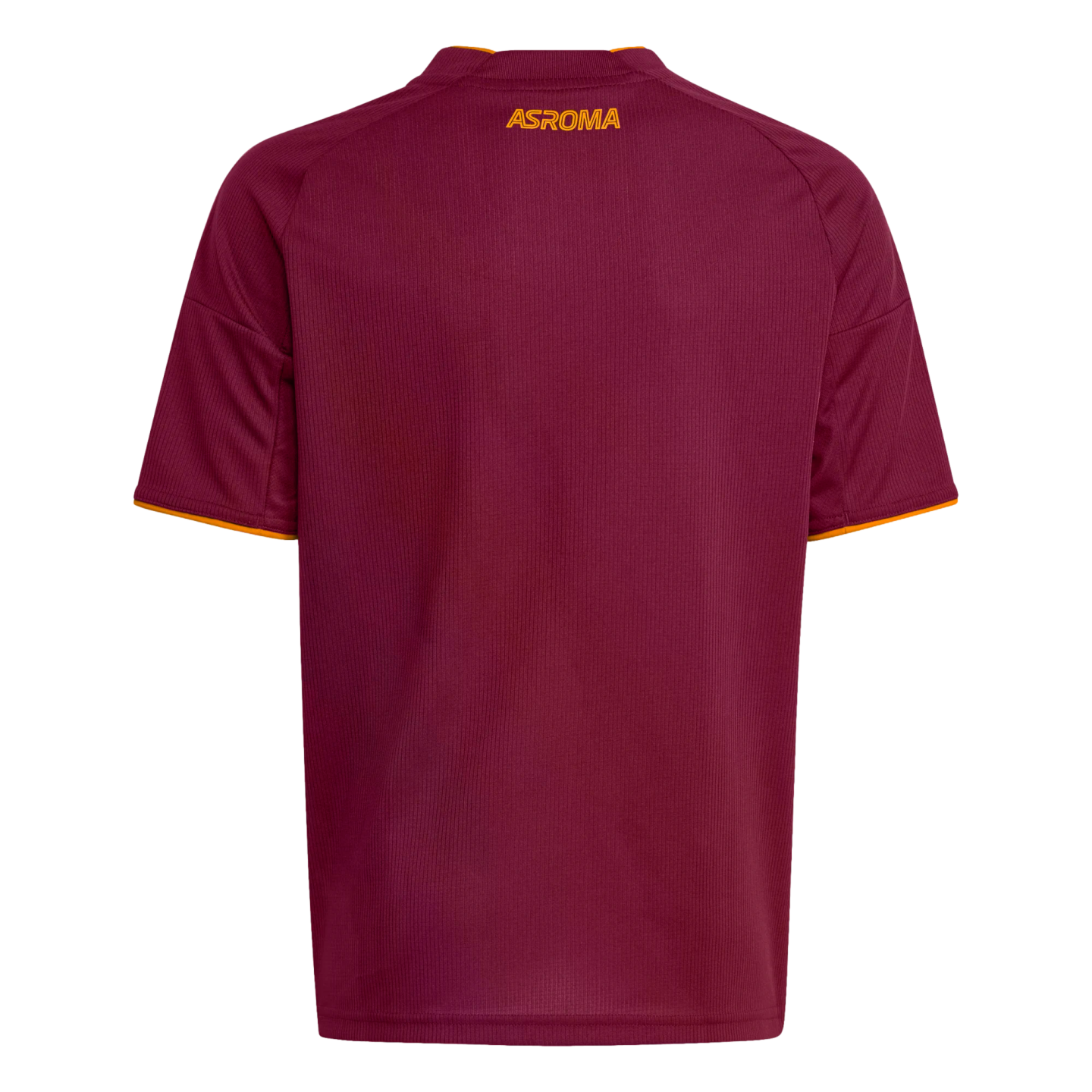 Rear view of a maroon soccer jersey with orange trim. 'ASROMA' is printed in orange on the upper back. The jersey is centered against a solid black background.