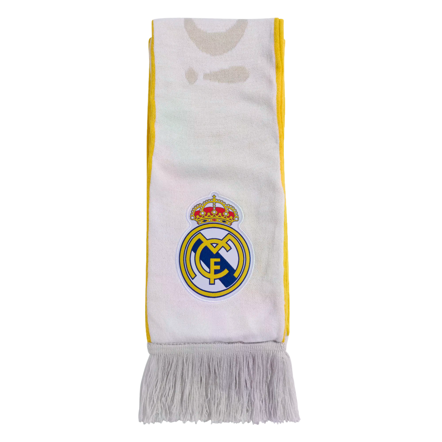 White Real Madrid scarf with yellow side borders and white fringe, featuring the club crest in the center.