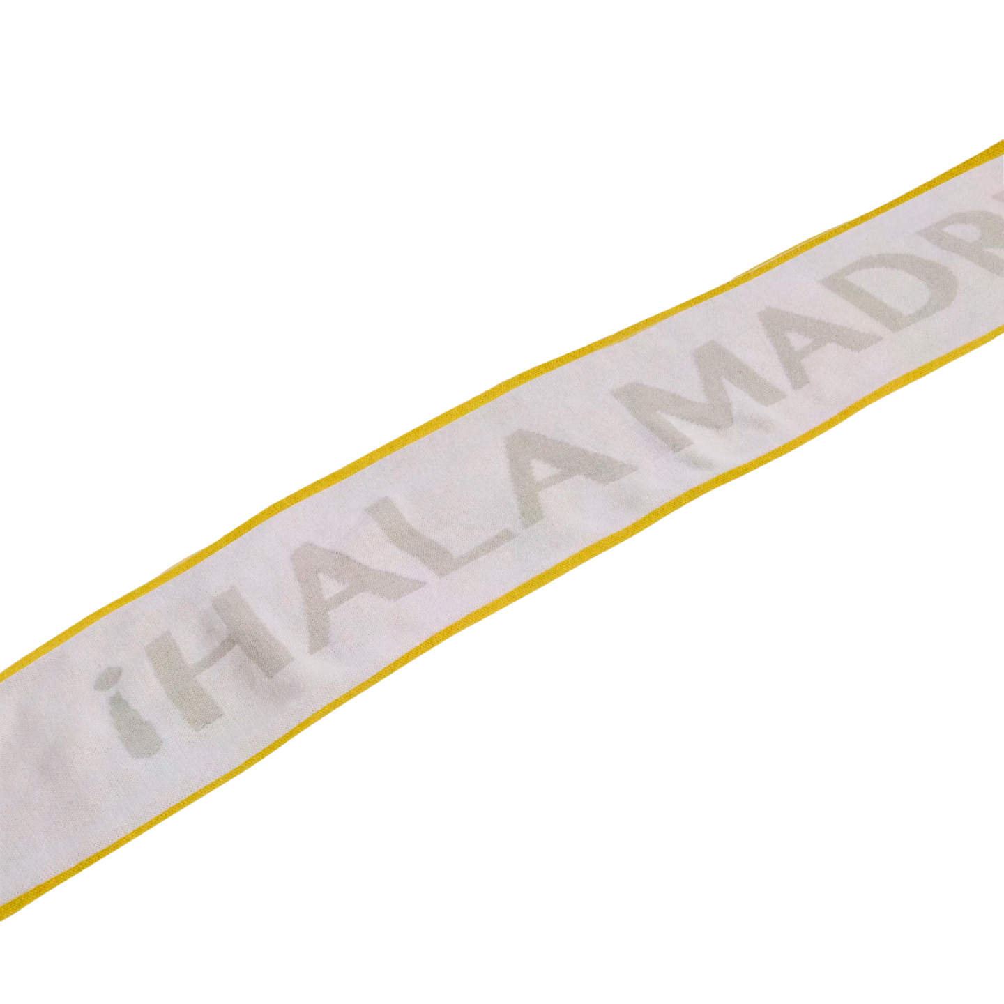 A white ribbon with yellow borders featuring the gray text "¡HALA MADRID!" angled diagonally across a white background.