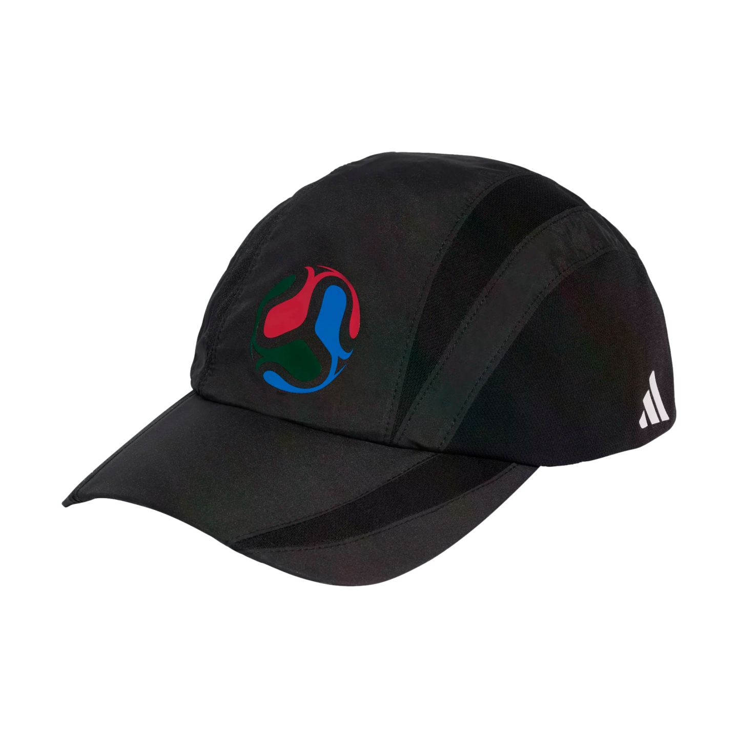 Black Adidas athletic cap featuring a colorful abstract circular logo on the front and a small white Adidas logo on the side, set against a solid black background.