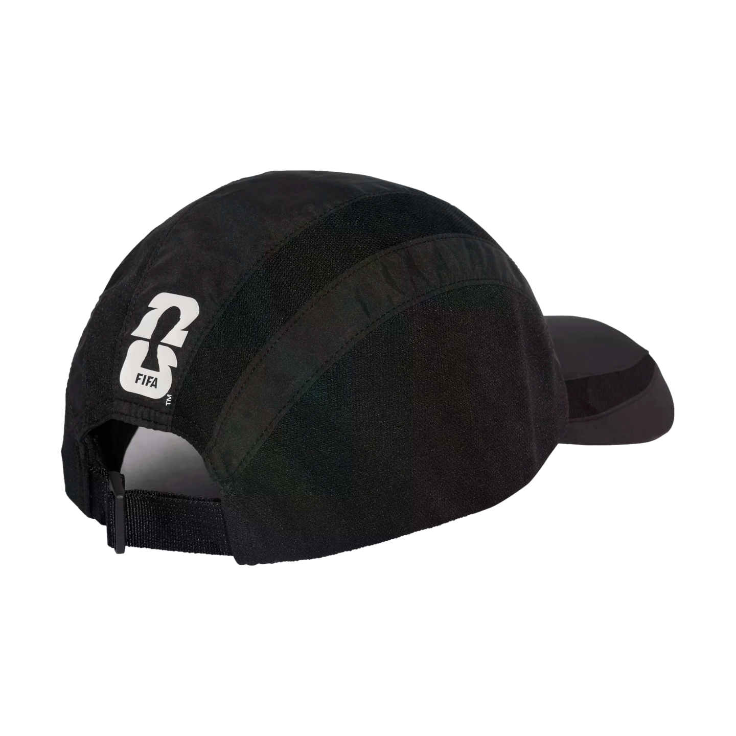 A back view of a black multi-panel sports cap featuring an adjustable strap and a white FIFA World Cup 26 logo on the back left panel.