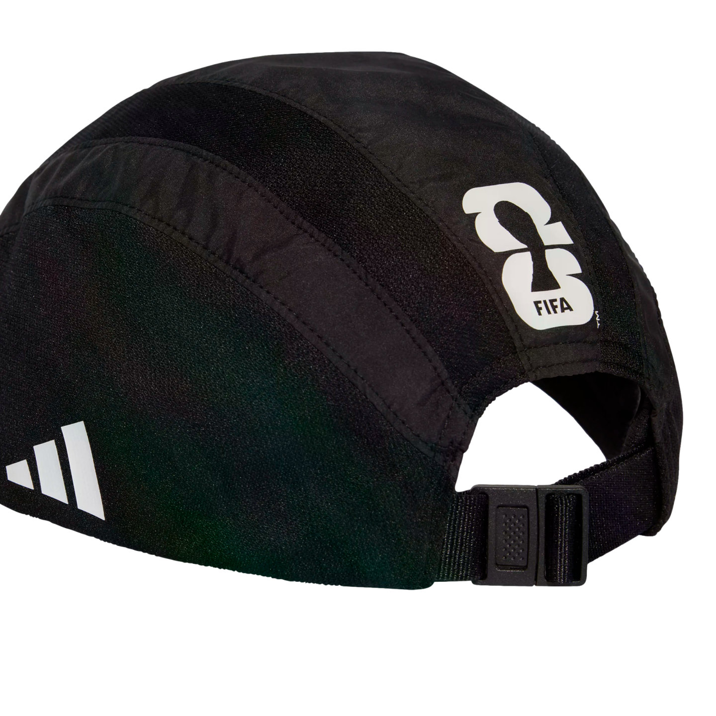 Rear view of a black Adidas cap with white Adidas and FIFA 26 logos. Features an adjustable strap with a buckle.