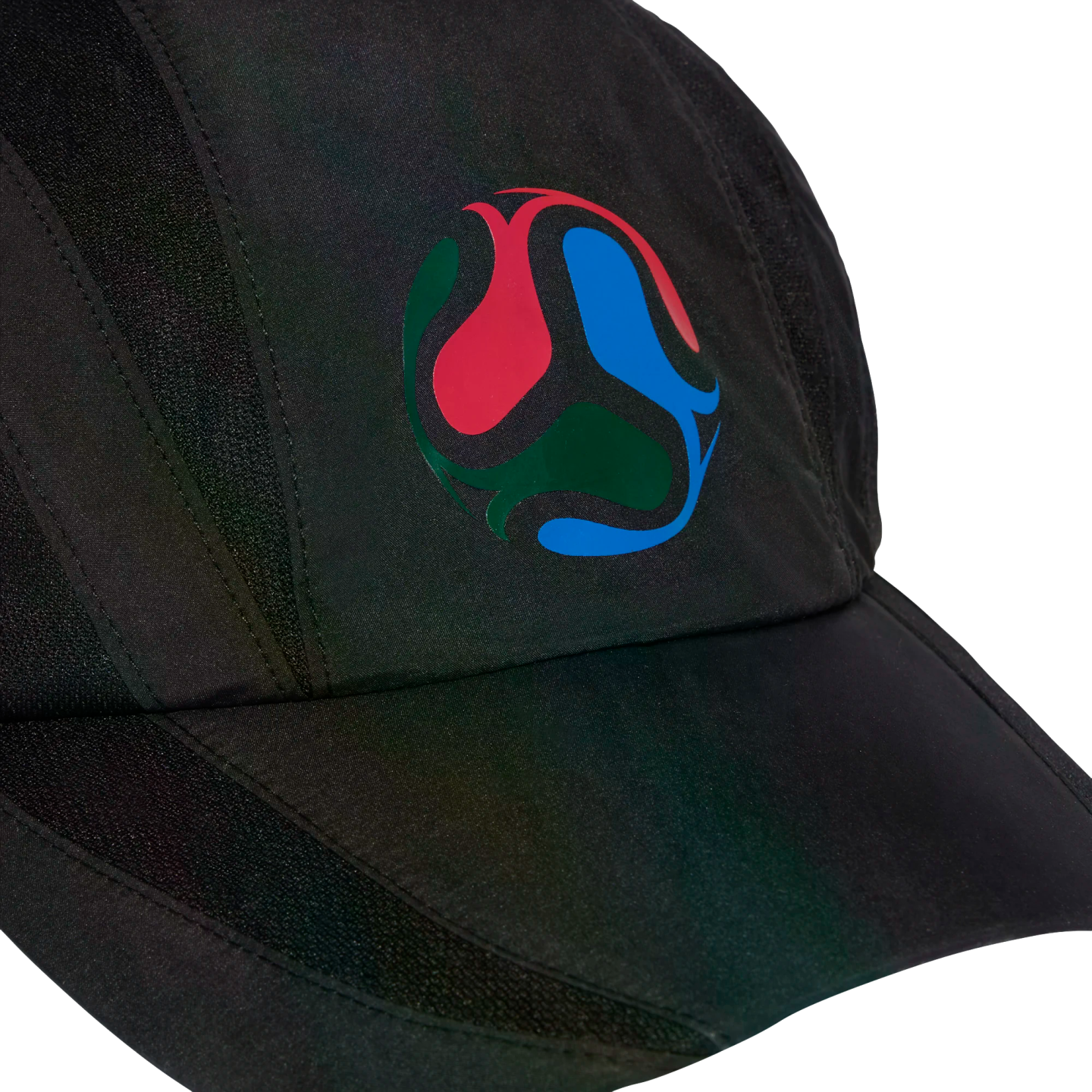 Close-up of a black cap with a subtle iridescent sheen, featuring a circular logo made of three interlocking red, blue, and green teardrop shapes on the front.
