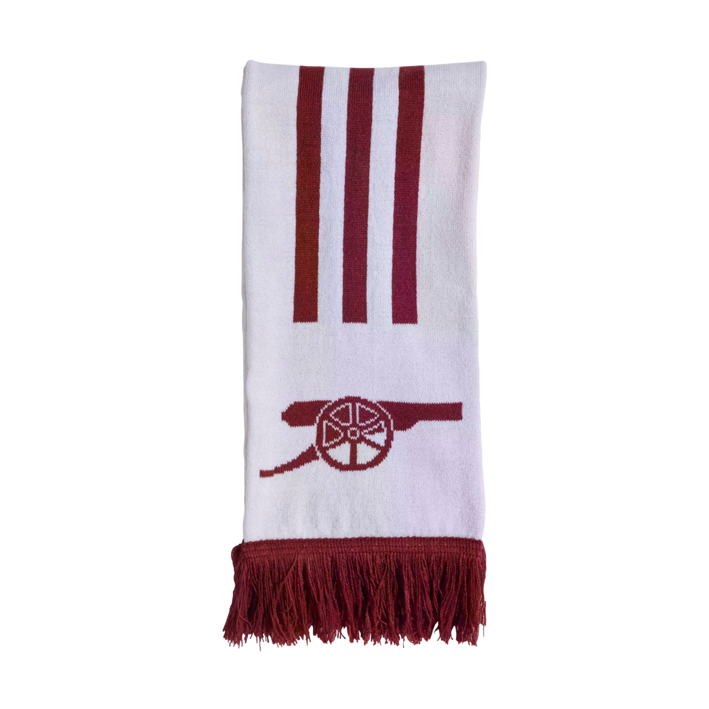 A white scarf featuring three vertical maroon stripes, a maroon cannon emblem, and a fringed bottom edge.