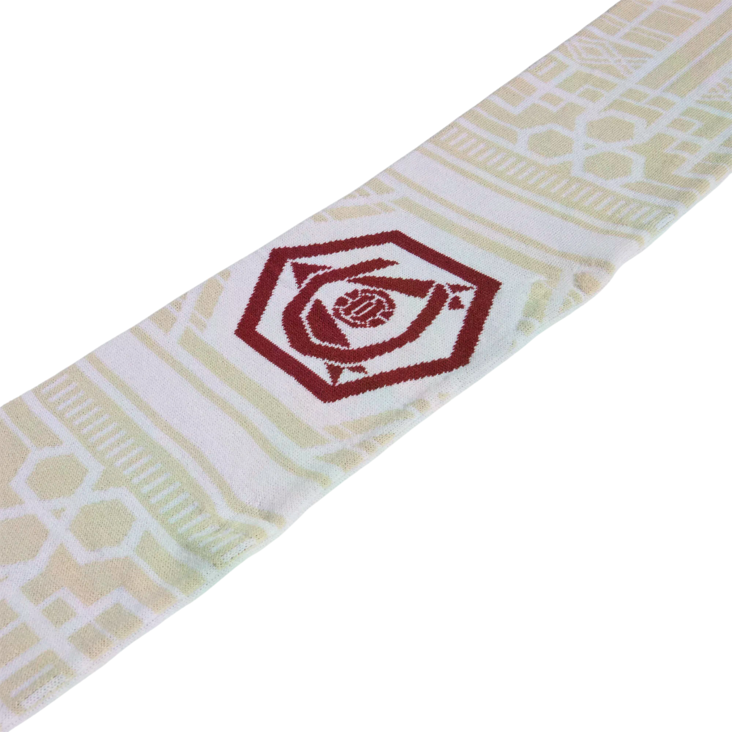 A white fabric sash with light gold geometric patterns and a maroon pentagonal emblem, shown diagonally against a black background.