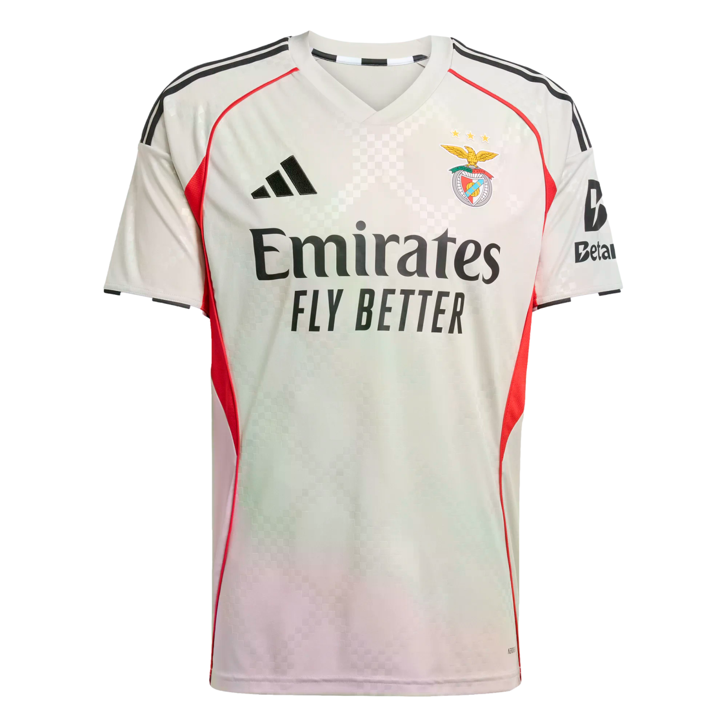 Adidas S.L. Benfica soccer jersey in light gray with red side accents, featuring the club crest and "Emirates FLY BETTER" sponsor logo.