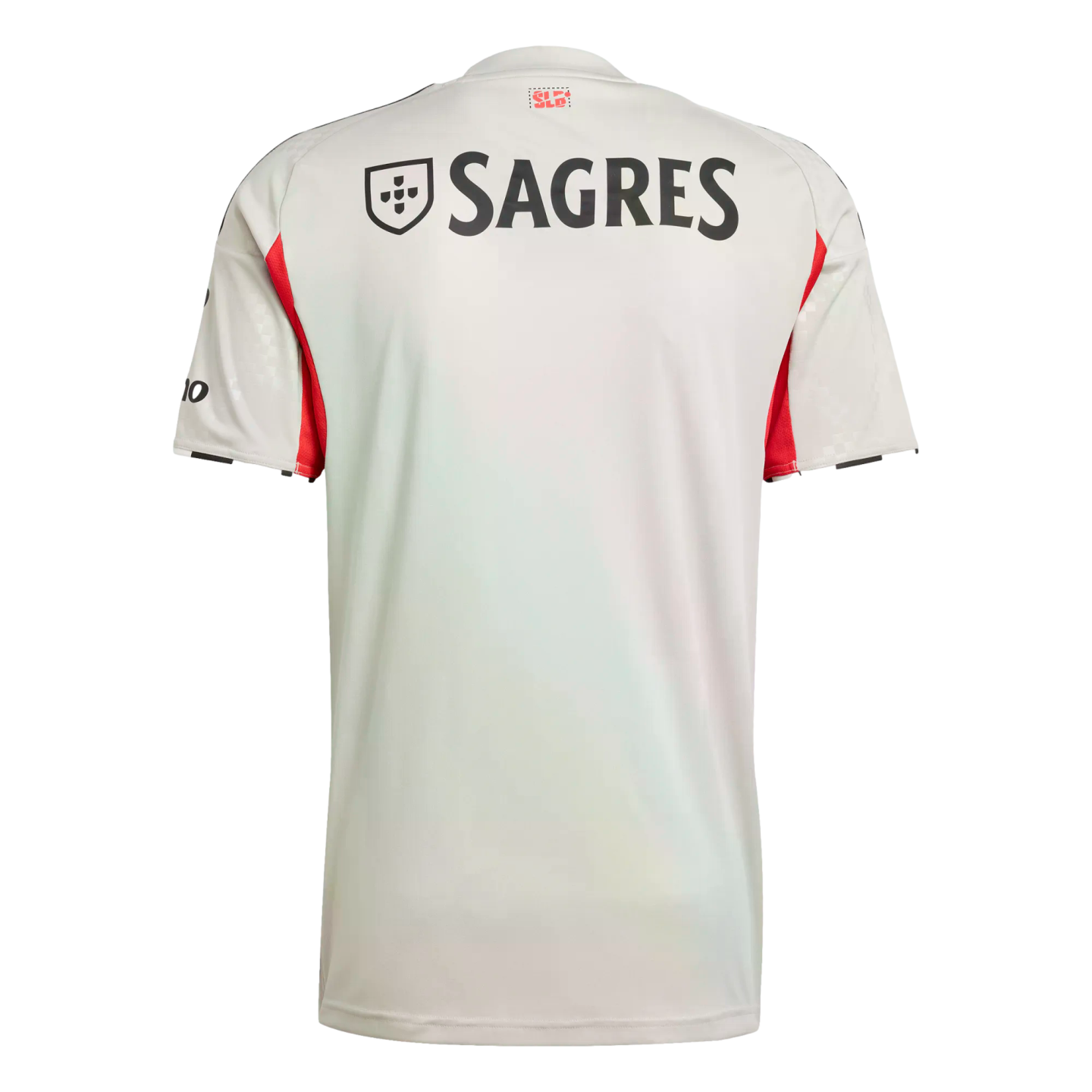 The back of a light grey soccer jersey featuring a black "SAGRES" sponsor logo, red side panels, and black shoulder stripes.