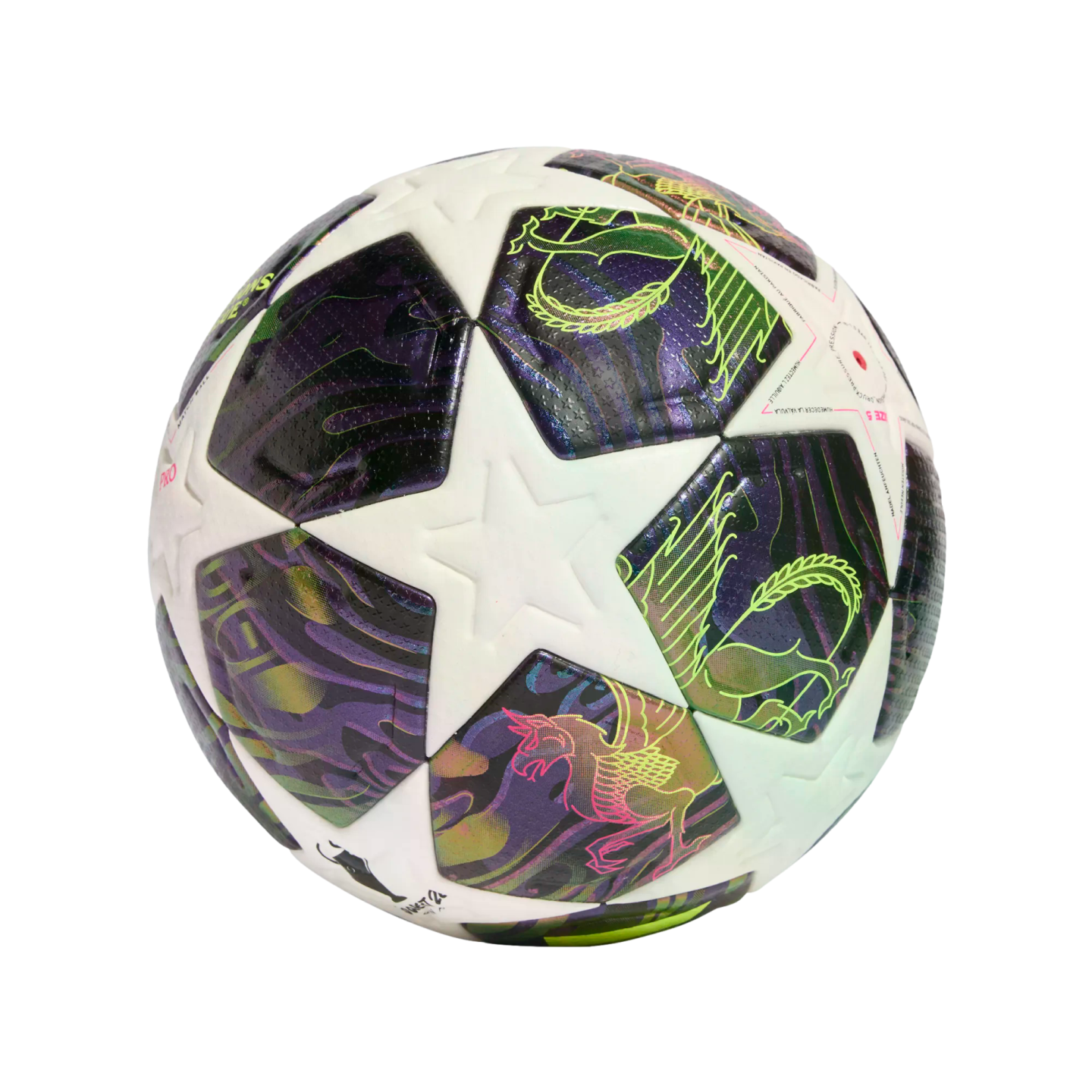 UEFA Champions League soccer ball with white star panels and iridescent dark sections decorated with neon dragon line art.