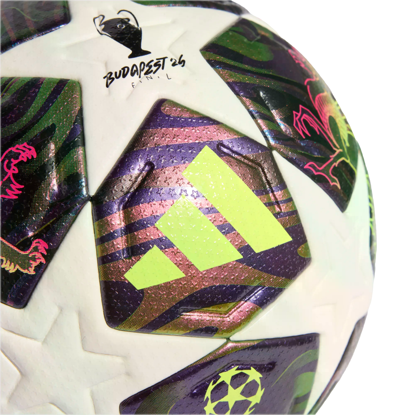 Close-up of an Adidas UEFA Champions League Budapest 26 Final football with white star panels and colorful iridescent patterned sections.