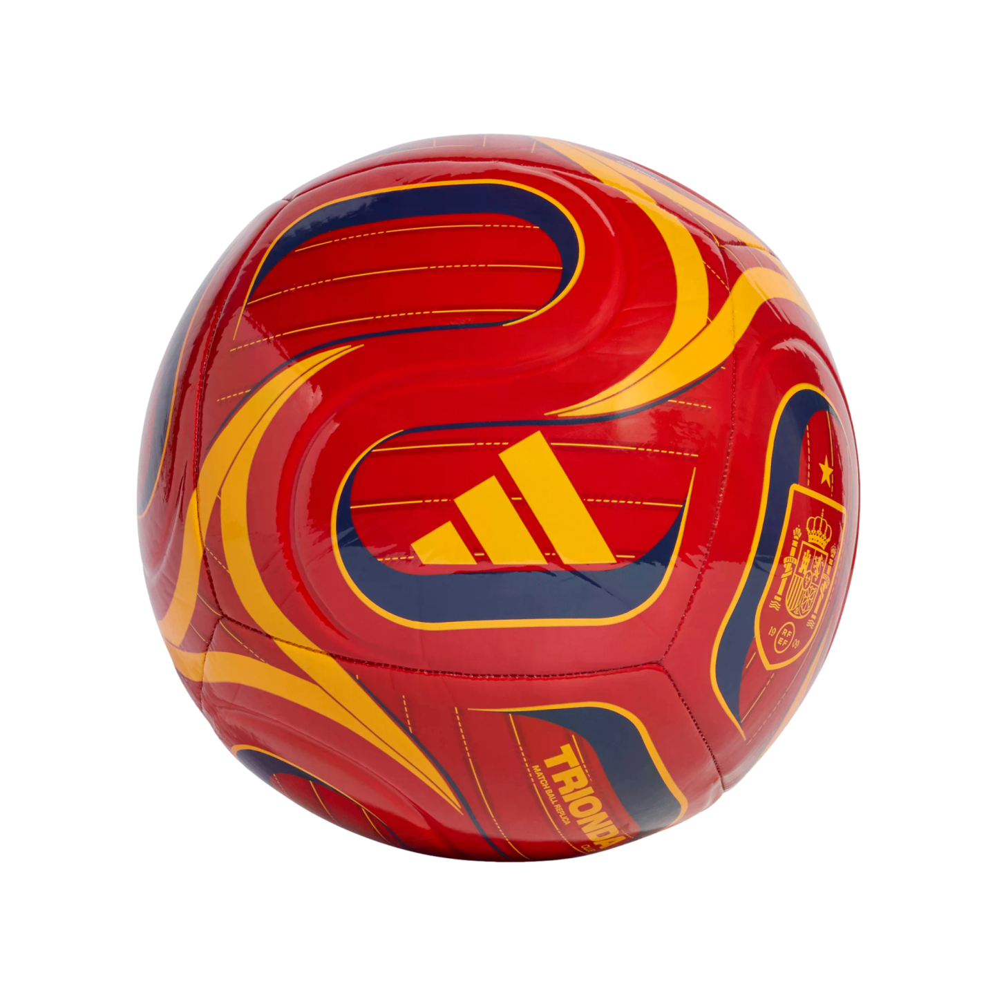 A red Adidas soccer ball with yellow and blue wavy designs, the Spanish national team crest, and "TRIONDA" text.