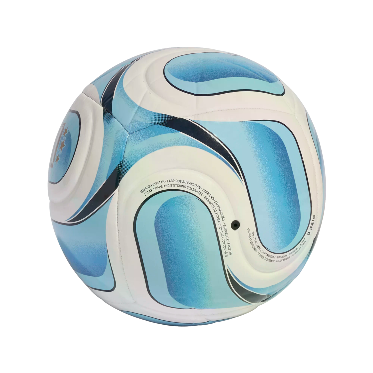 A size 5 white soccer ball featuring light and dark blue swirling patterns and black text including manufacturing details and a 2-year guarantee.