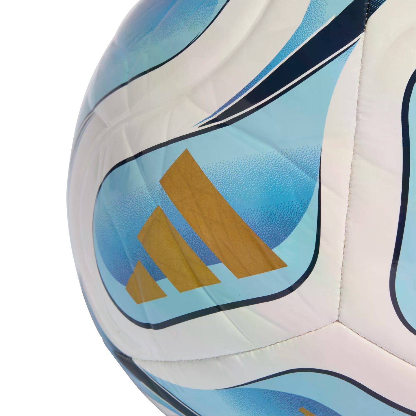 Close-up of an Adidas soccer ball with white, light blue, and dark blue curved panels and three gold stripes.
