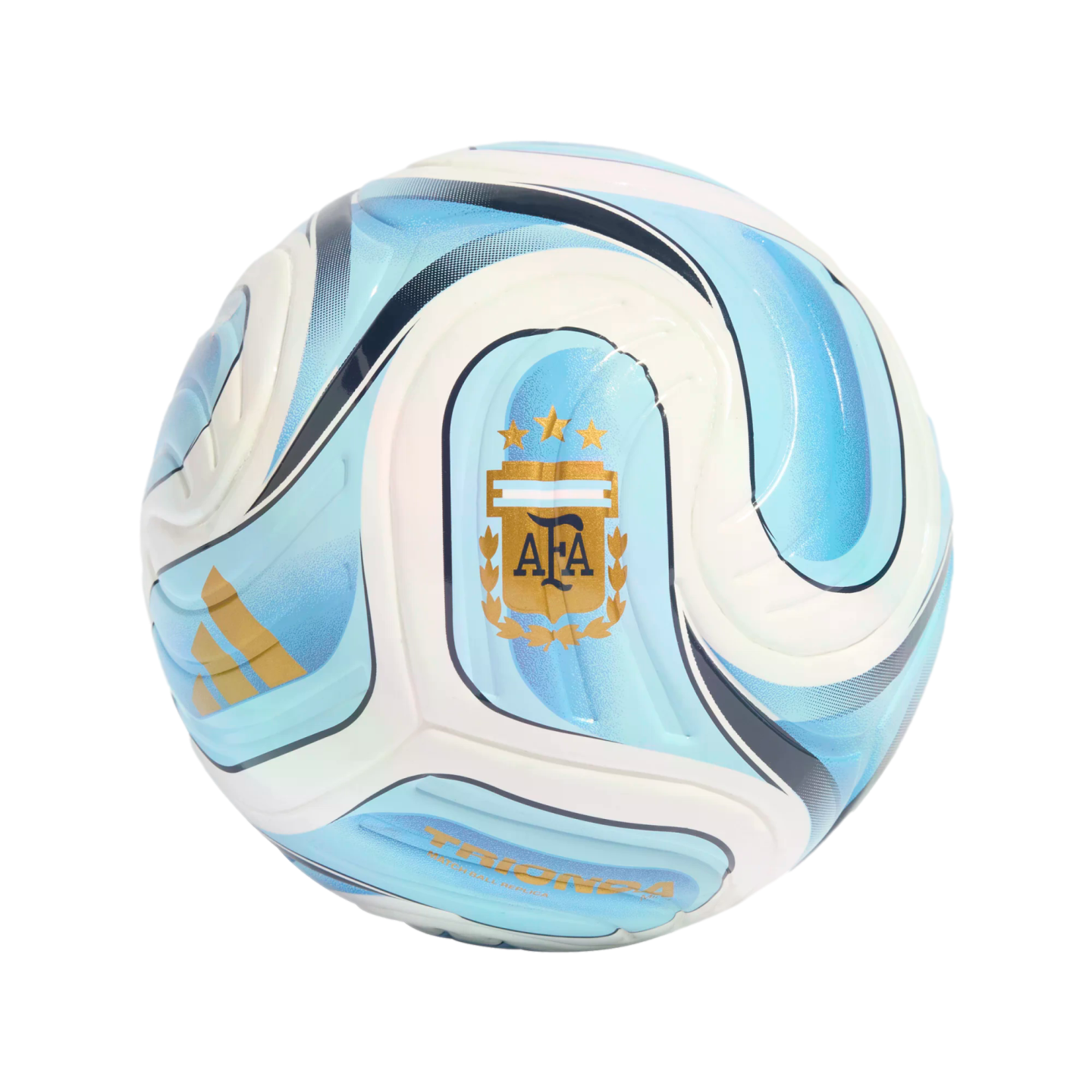 Light blue and white Adidas soccer ball featuring a gold Argentina AFA crest and three stars against a solid black background.