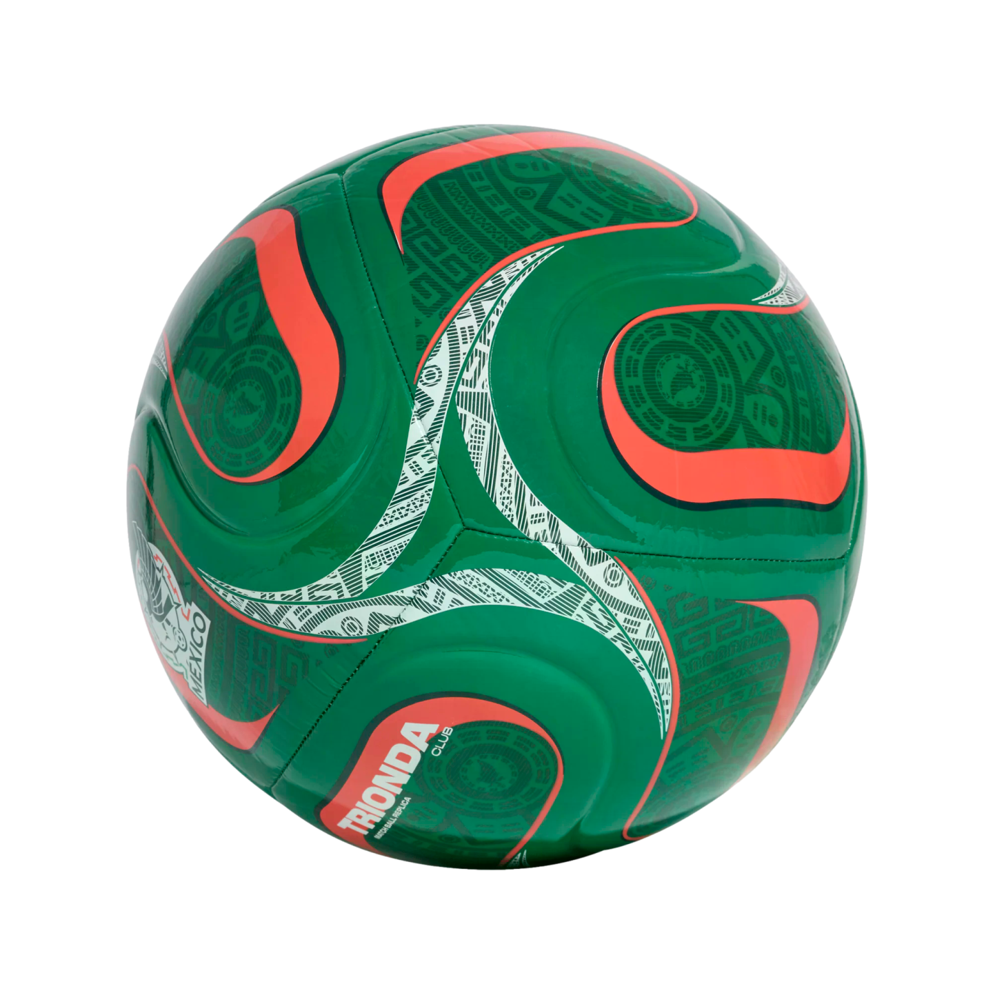 Green soccer ball featuring wavy red outlines and white patterned bands. It displays intricate geometric designs, the word 'MEXICO', and 'TRIONDA CLUB' branding.