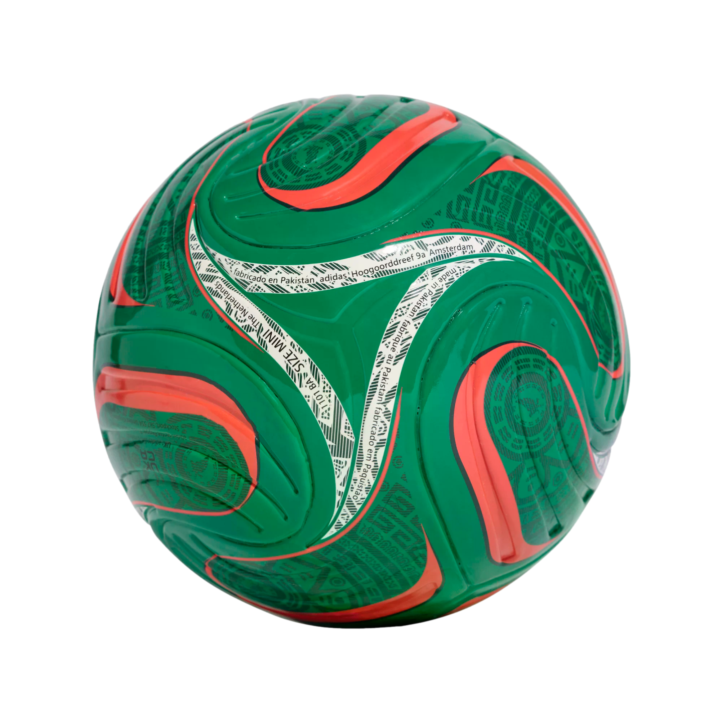 Green Adidas mini soccer ball featuring curved orange stripes and white bands with black text and intricate patterns.