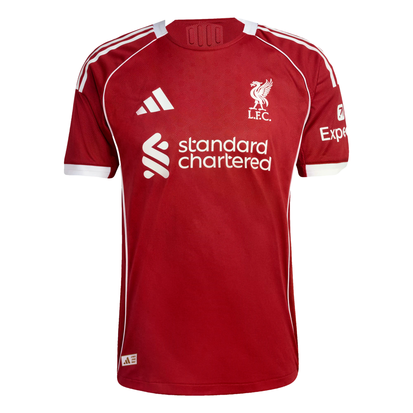 Red Liverpool F.C. home jersey by Adidas featuring the white club crest, Standard Chartered center sponsor, and Expedia sleeve sponsor.