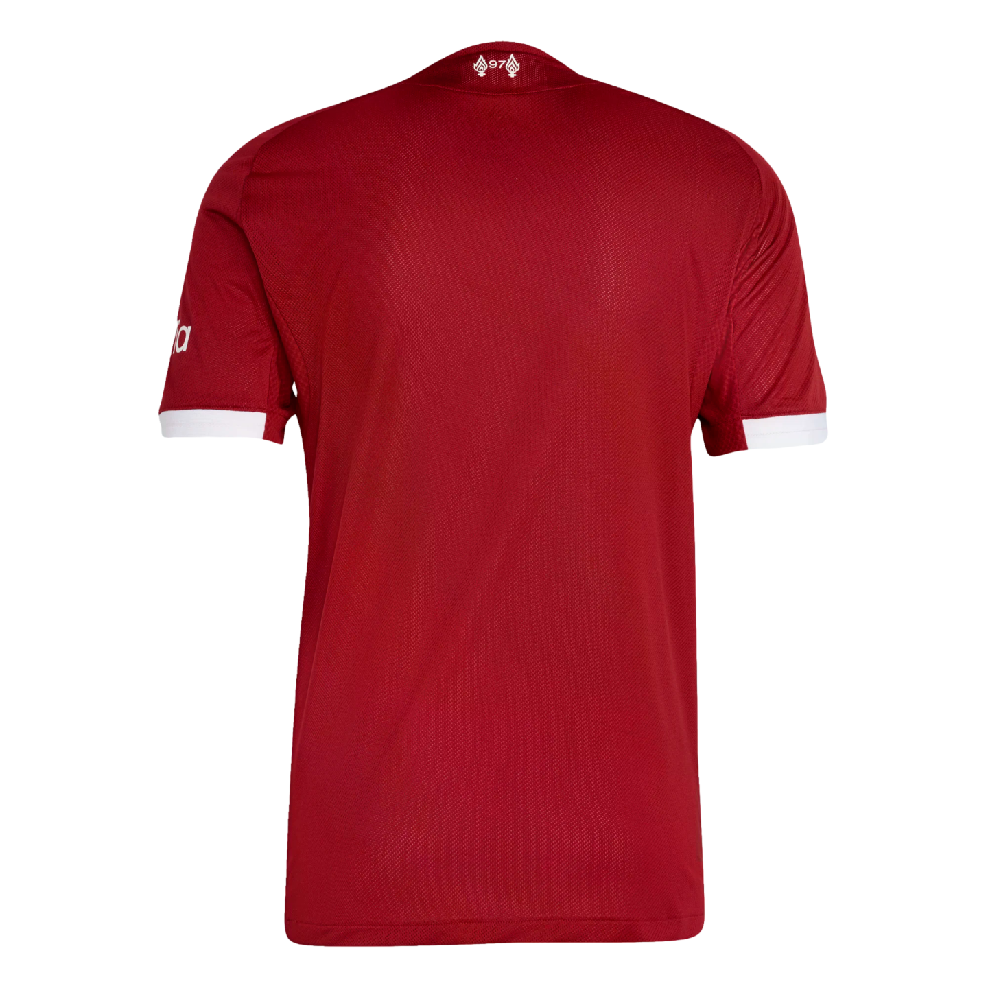Back view of a red soccer jersey with white sleeve cuffs and a small white emblem at the back of the neck featuring the number 97 between two flames.