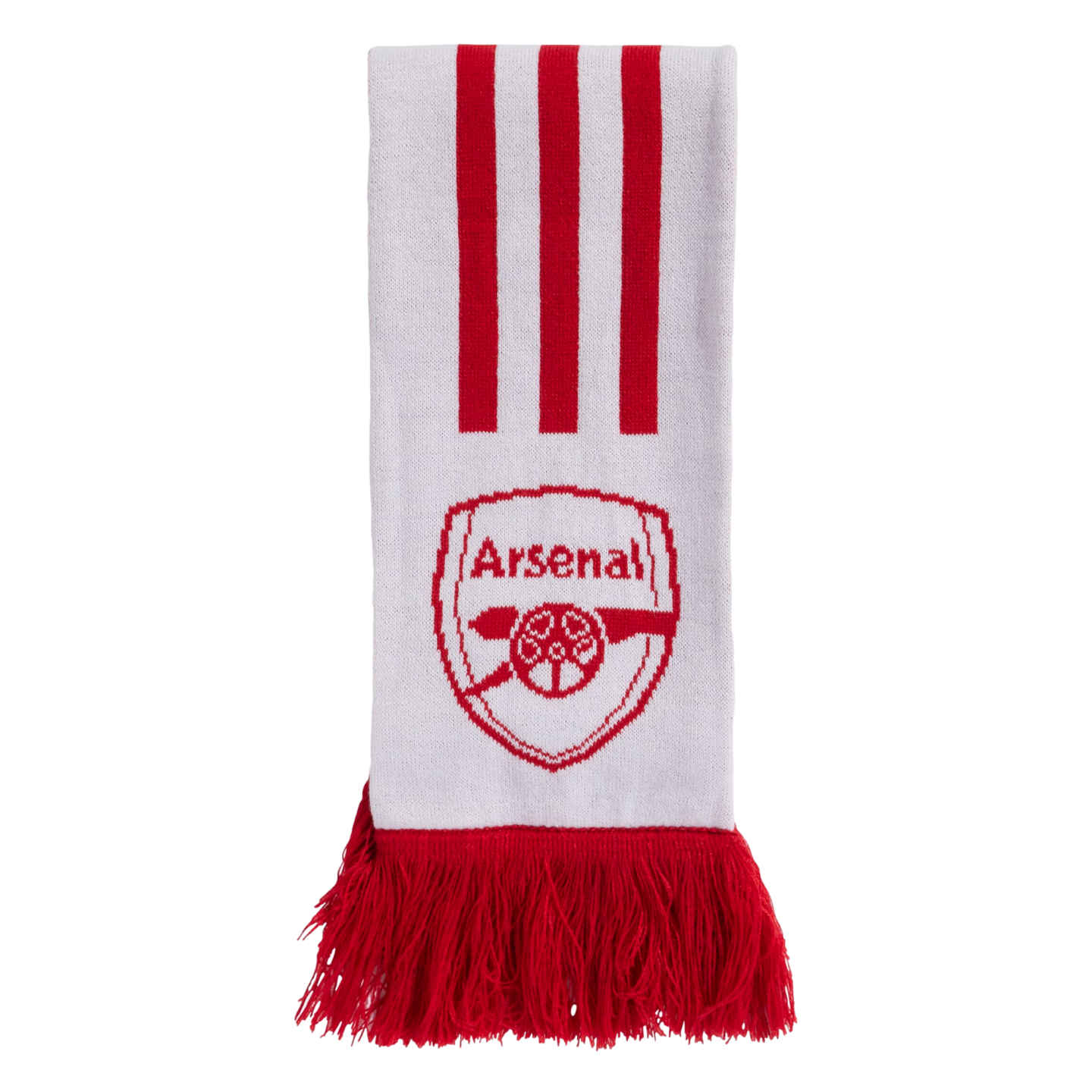 White Arsenal football scarf featuring three red vertical stripes at the top, the club's cannon crest in the center, and red fringe at the bottom.
