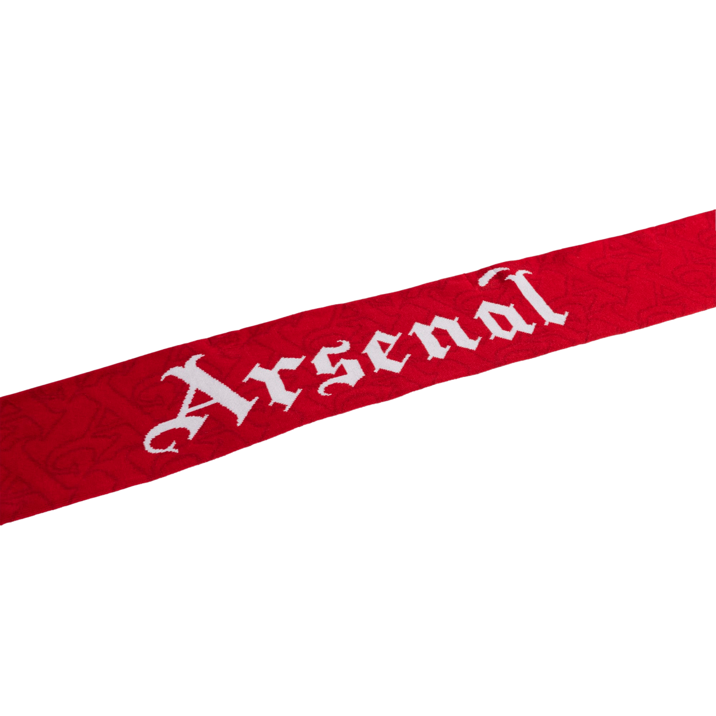 A red Arsenal football scarf featuring white gothic-style lettering, angled across a plain white background.