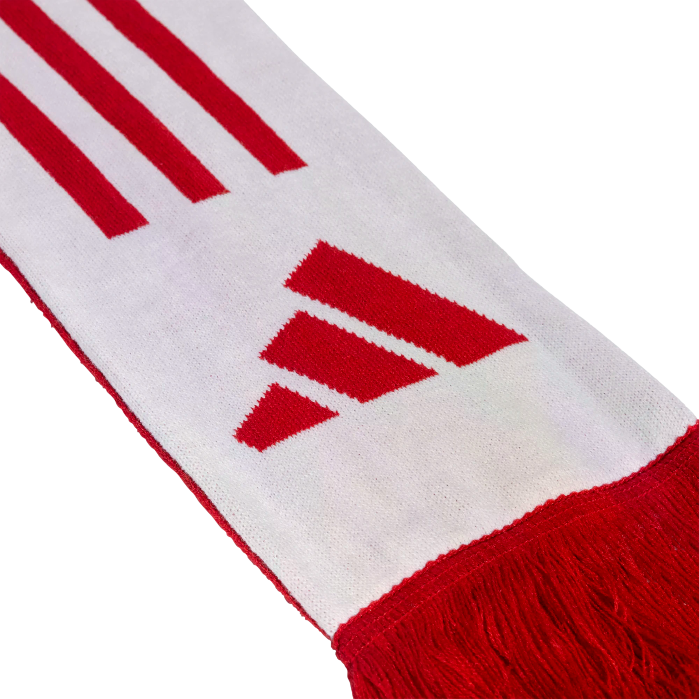 White knit scarf featuring the red Adidas logo, three red diagonal stripes, and red fringe at the end.