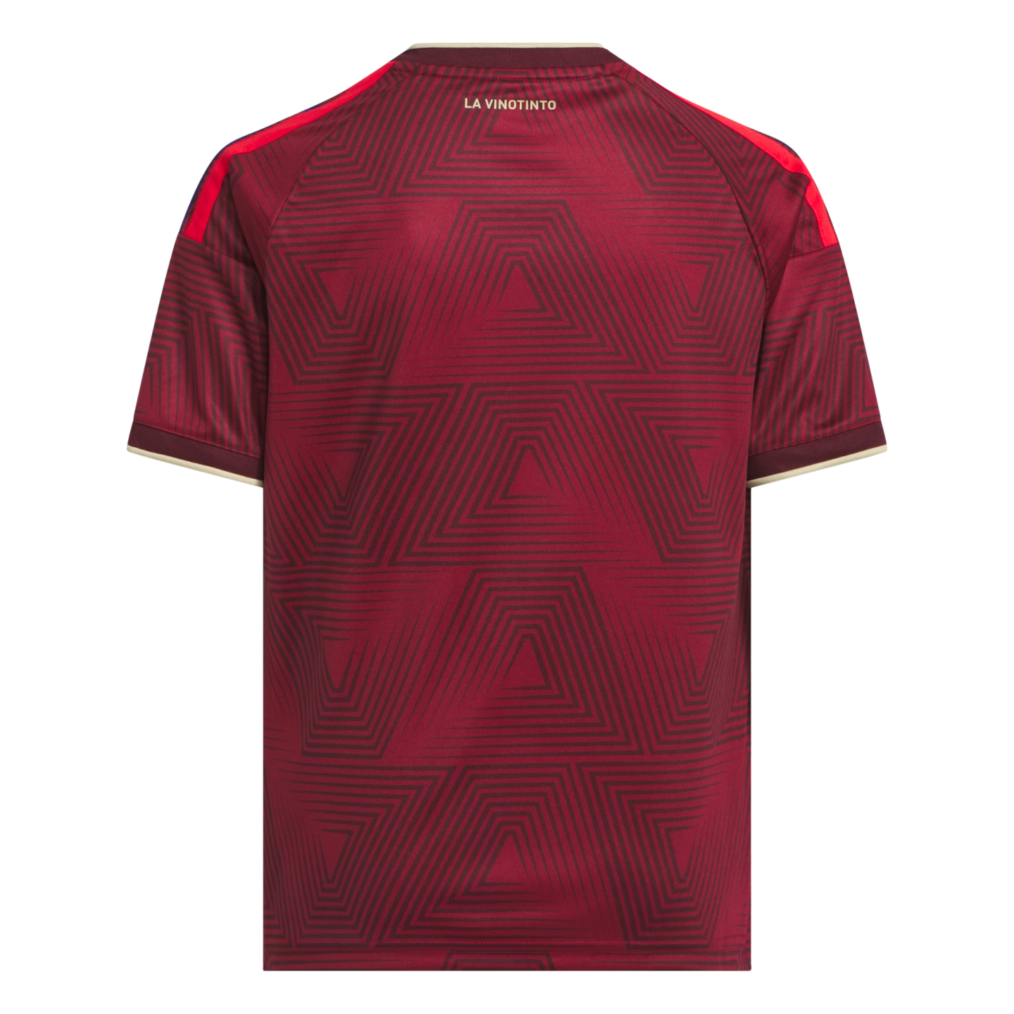 The back of a maroon soccer jersey with a geometric line pattern. It features "LA VINOTINTO" in gold text, red shoulder stripes, and cream trim on the collar and cuffs.