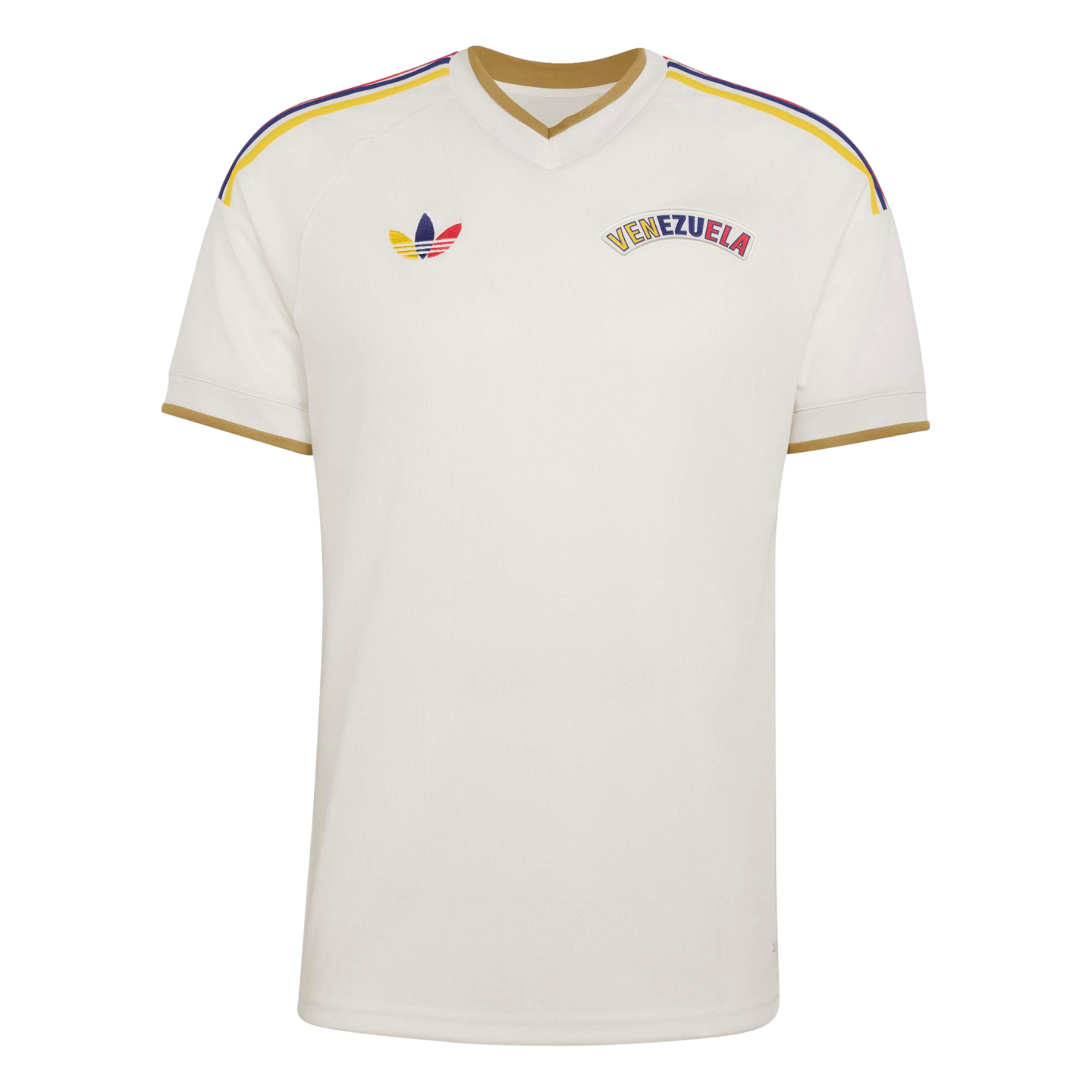 White Adidas Venezuela soccer jersey with gold trim, a colorful trefoil logo, arched "VENEZUELA" text, and tri-color shoulder stripes.