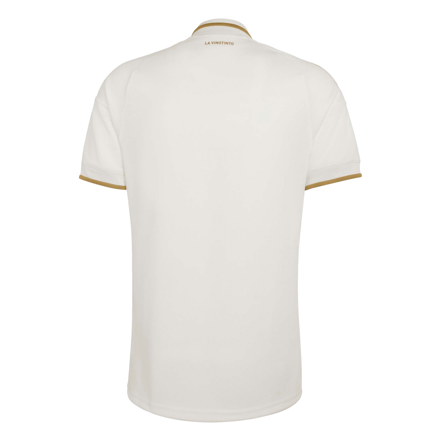 Back view of a white short-sleeved jersey with gold trim on the collar and cuffs. "LA VINOTINTO" is printed in small gold text on the upper back. Set against a solid black background.