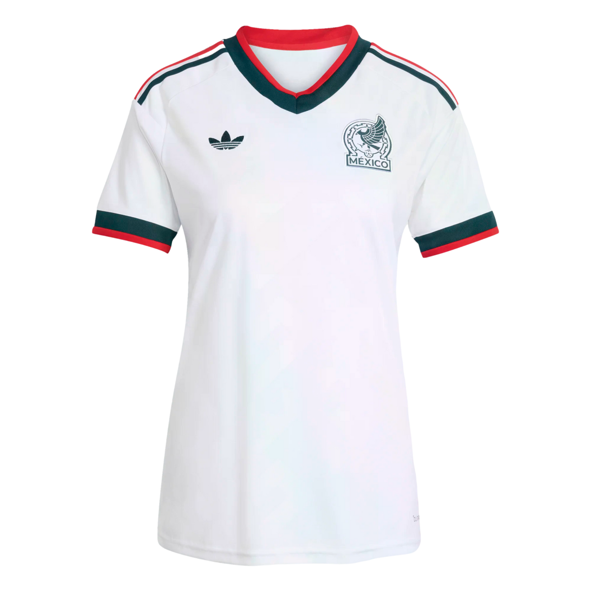 A white Mexico national team soccer jersey with dark green and red accents. The V-neck collar and sleeve cuffs are trimmed in dark green and red. Dark green stripes run along the shoulders, and the chest features a black Adidas Trefoil logo on the right a